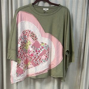 Olive and Pink Patchwork Heart Short Sleeve Top - Easel